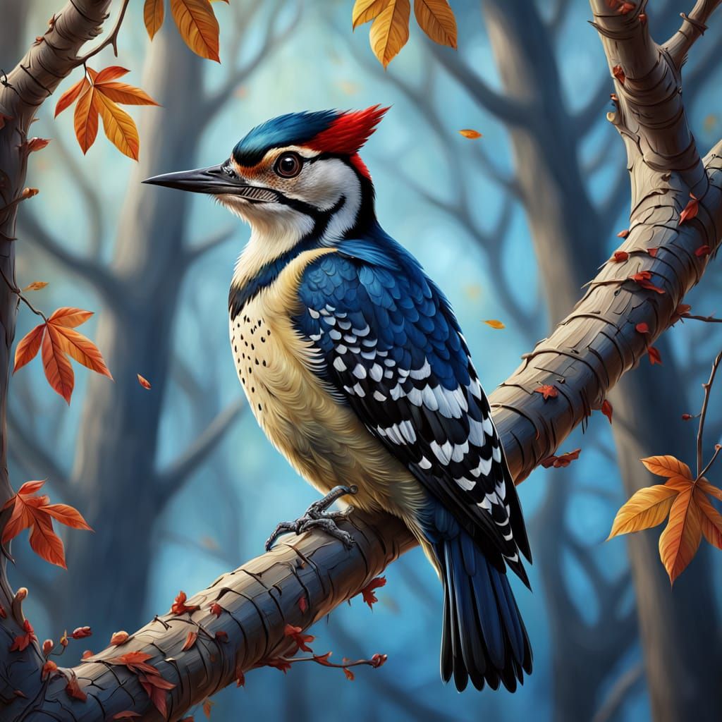 Vibrant Woodpecker Portrait in Hyperrealistic Style