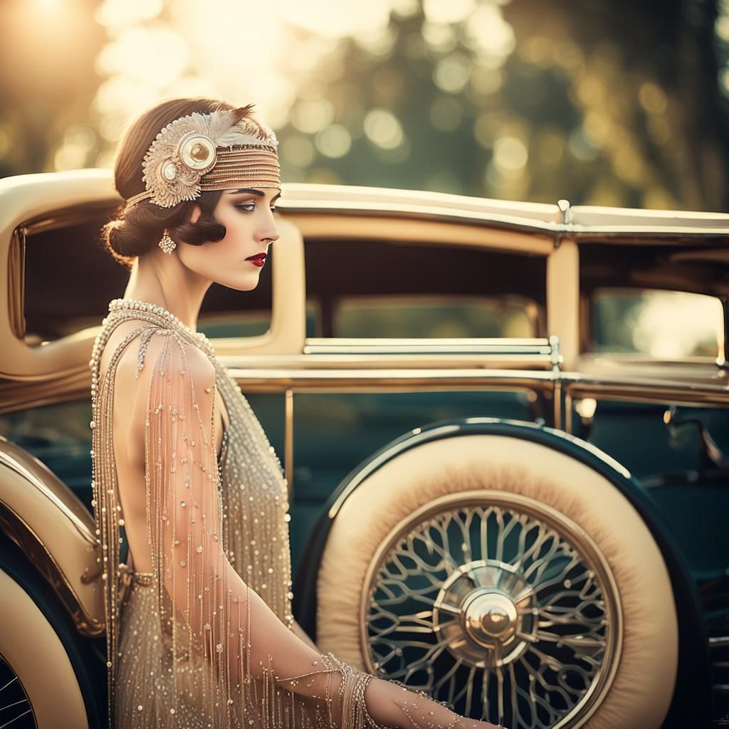 Art Deco Photograph of Hispano-Suiza Car with Flappers