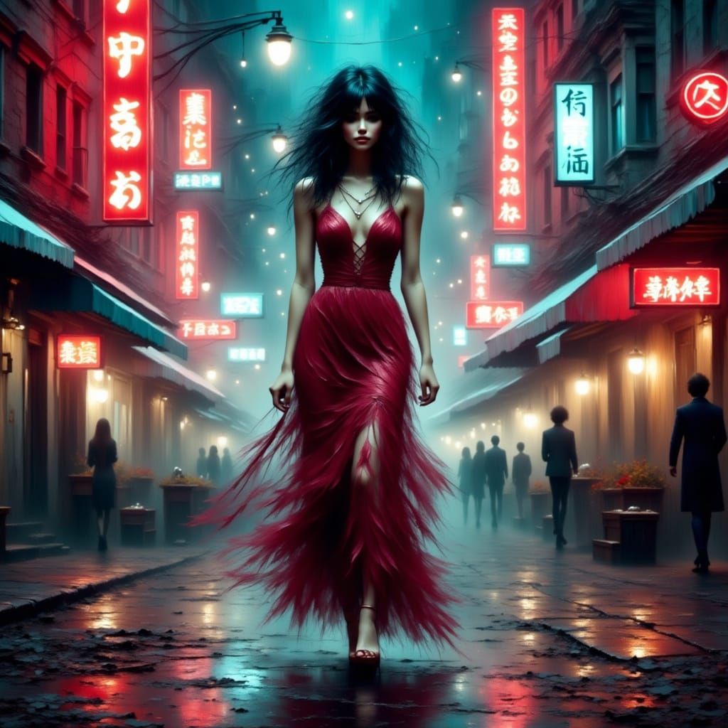 A Young Woman's Resolute Stride Through a Futuristic Citysca...