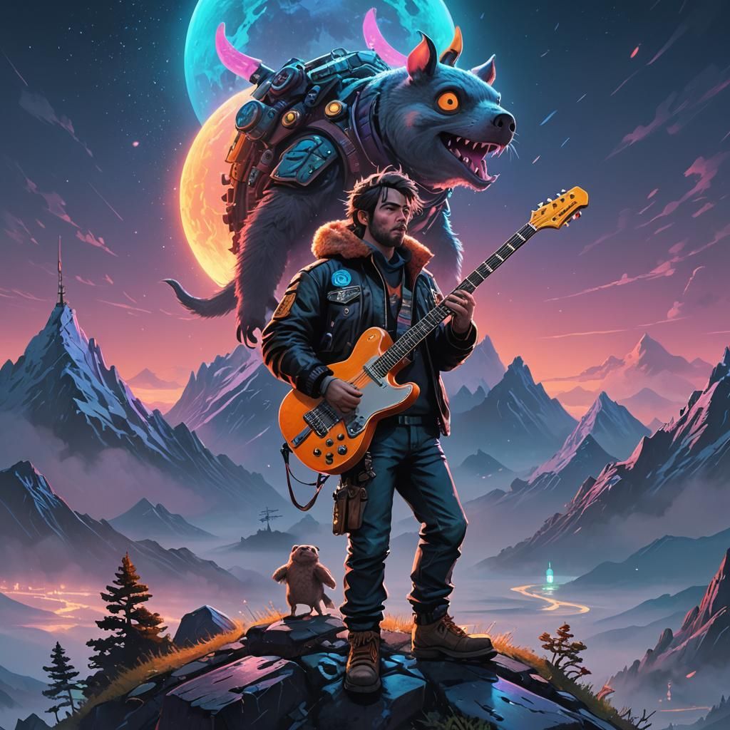 Rockstar Pig on Misty Peak in Neon Art