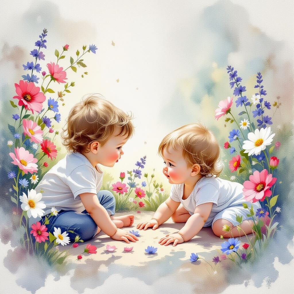 Ethereal Watercolour of Siblings Playing Hide and Seek