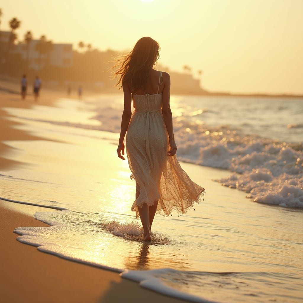 Serene Woman Strolls Along Malibu Beach at Sunset