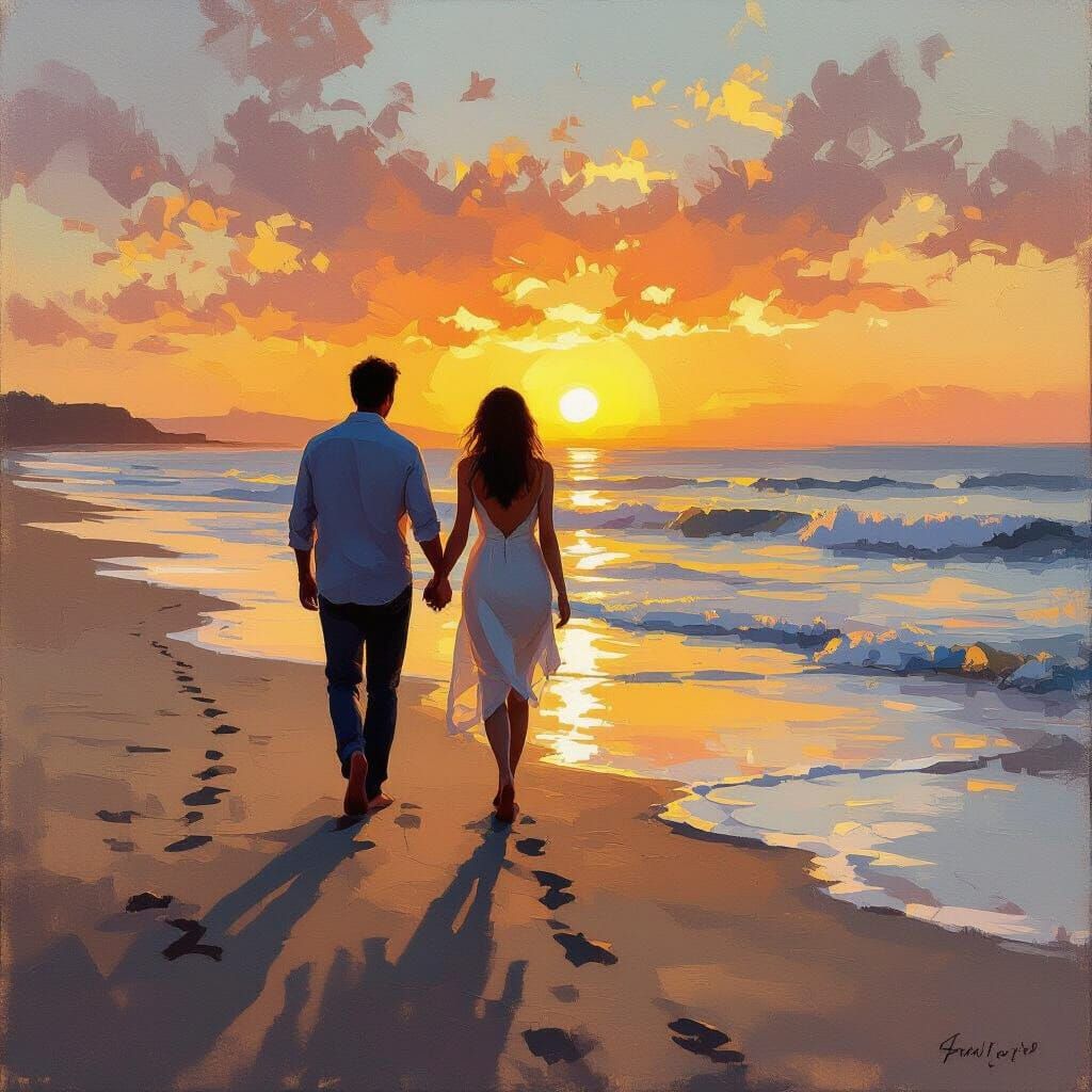 Couple Walking Beach at Sunset Oil Painting