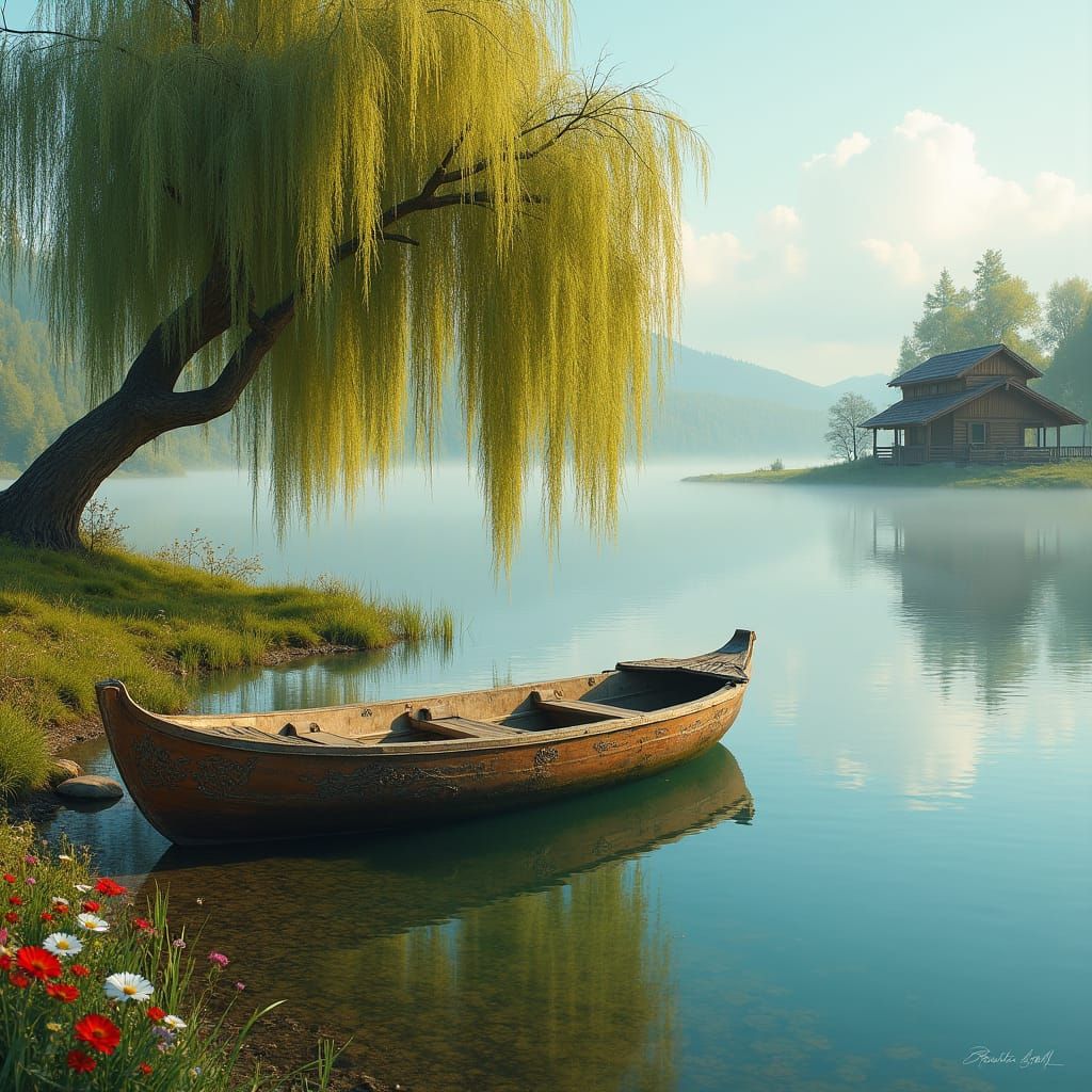Weeping Willow Reflects in Lake: Ethereal Landscape