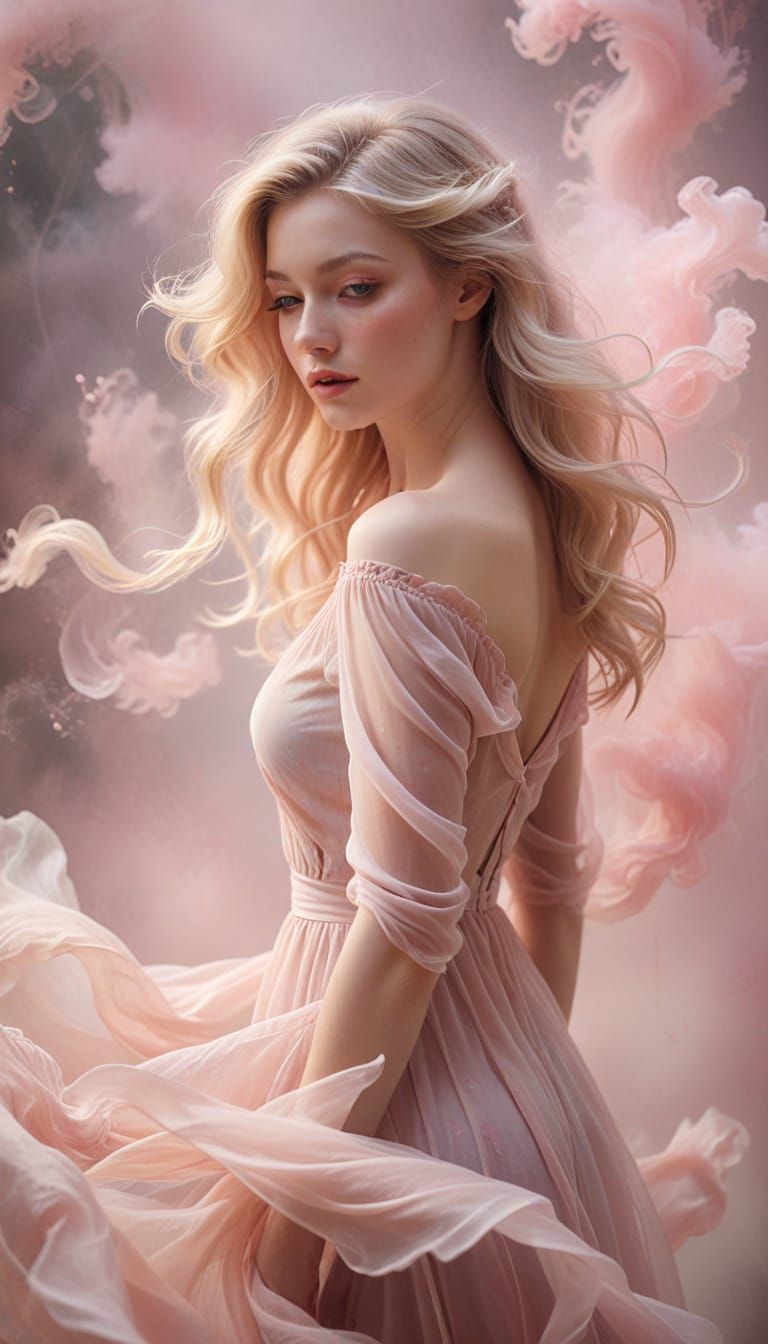 Romanticized Young Woman in Soft Pink Mist