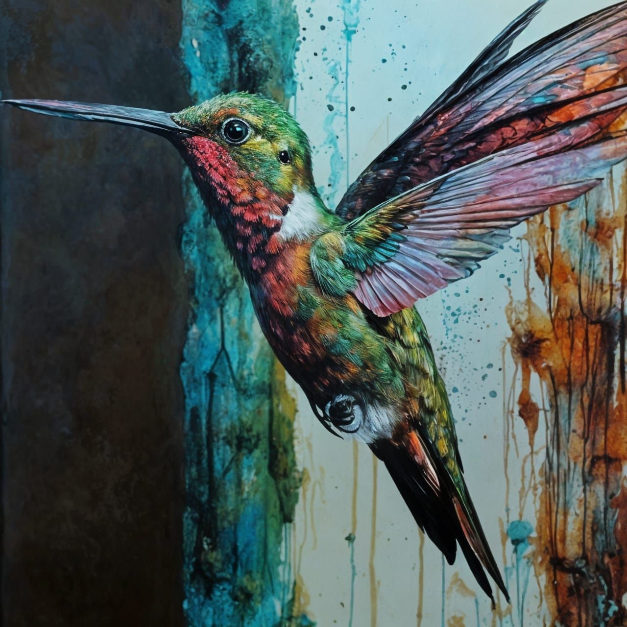 Colorful Photorealistic Hummingbird Portrait in Oil Painting...
