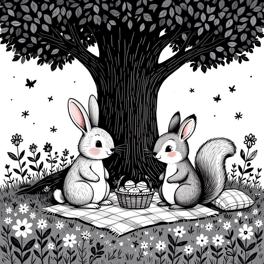 Rabbit and Squirrel Picnic: Black and White Line Art