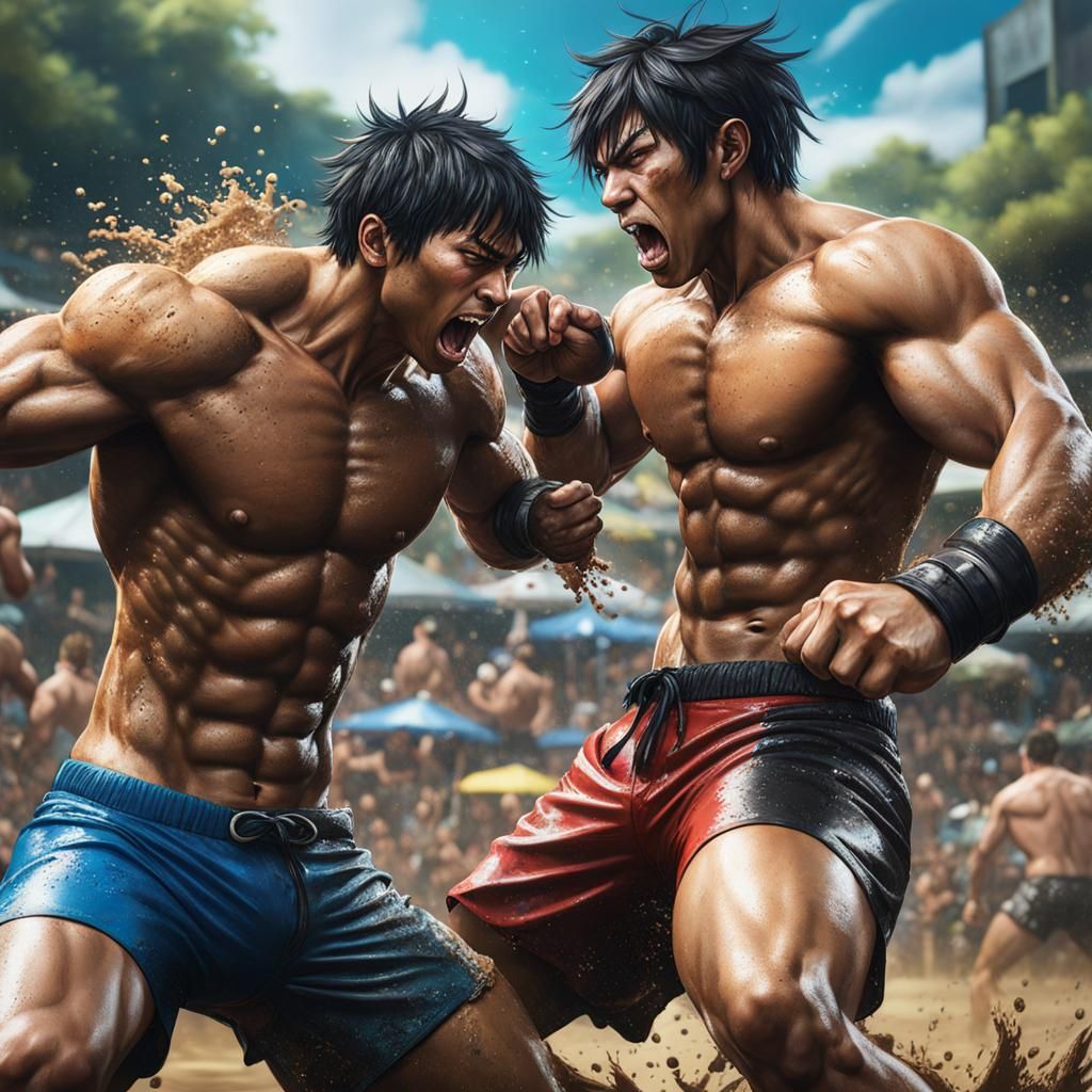 Muscular Anime Cat-Boys Mud Wrestling: Hyperrealistic Splash...