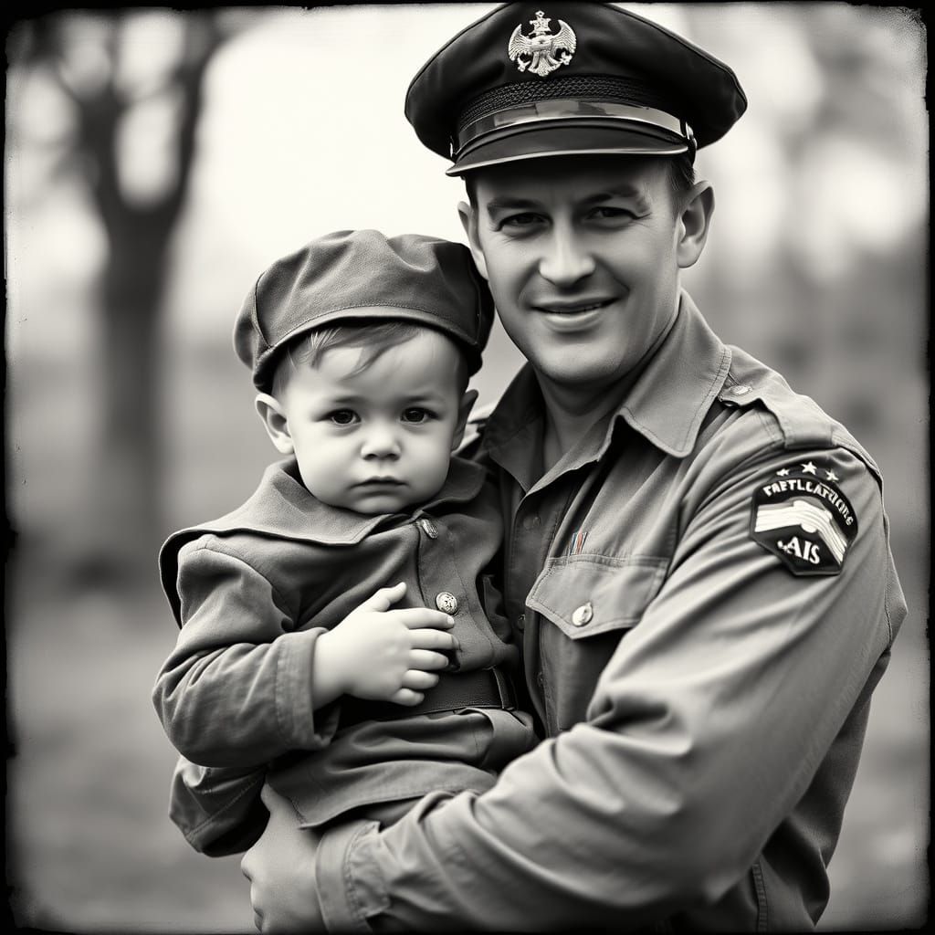 Vintage 1940s Photo: Soldier Dad and Son