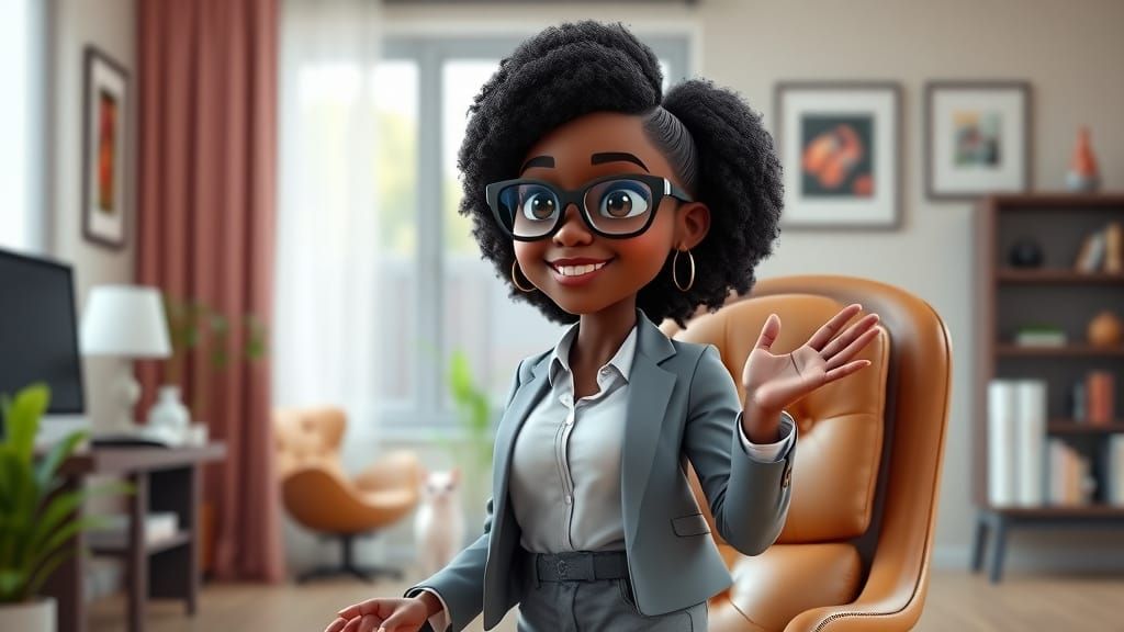 Black Woman in Office: 3D Animated Pixar Style