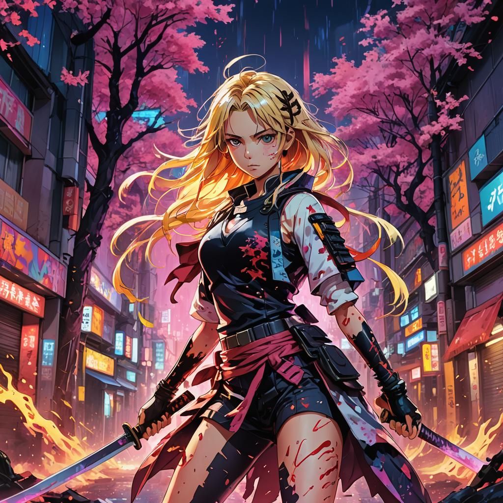 Anime Girl with Katana in Demon Cityscape