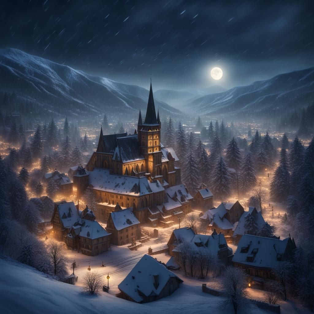 Snowy Transylvanian City at Night: Digital Matte Painting