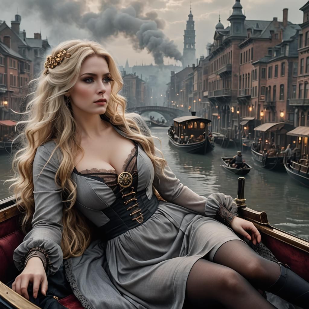 Steampunk Gondola: Hyperrealistic Blonde Woman in Cityscape