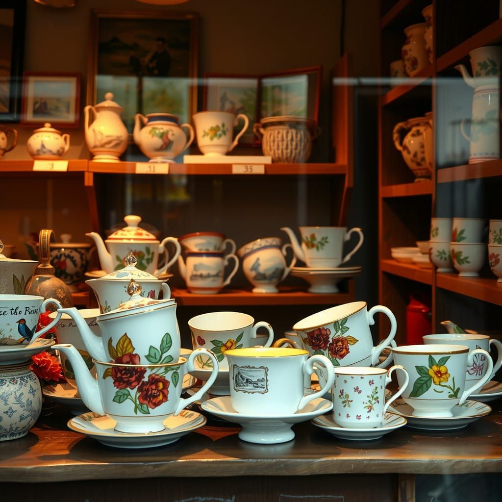 COBRA-Style Handpainted Teacups in a Whimsical Village Shop