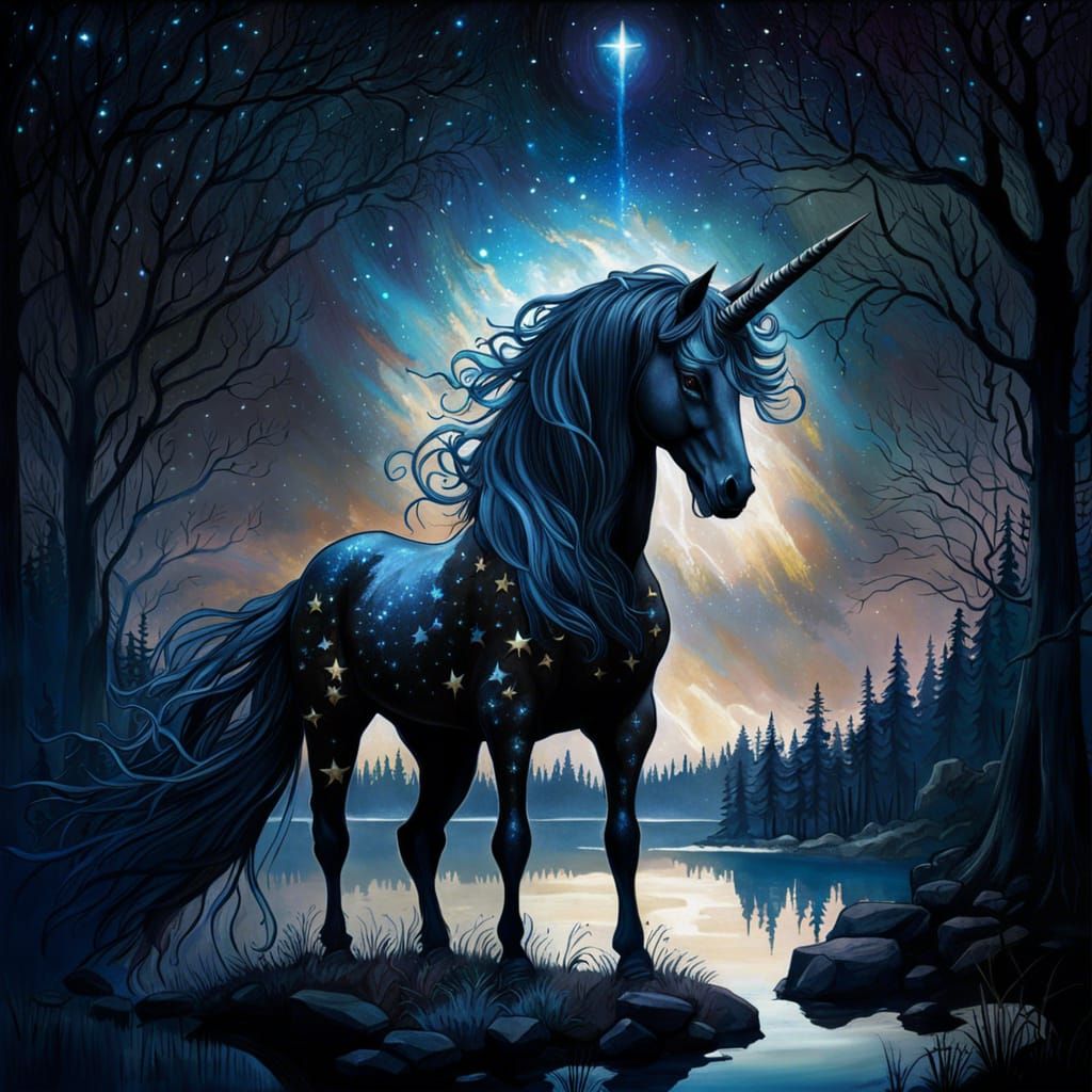 Black Unicorn Under Starry Night Sky