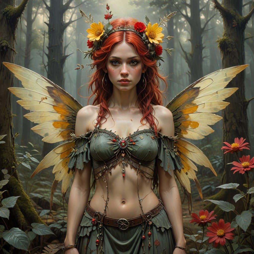 Bohemian Punk Fairy in Forest Oil Painting