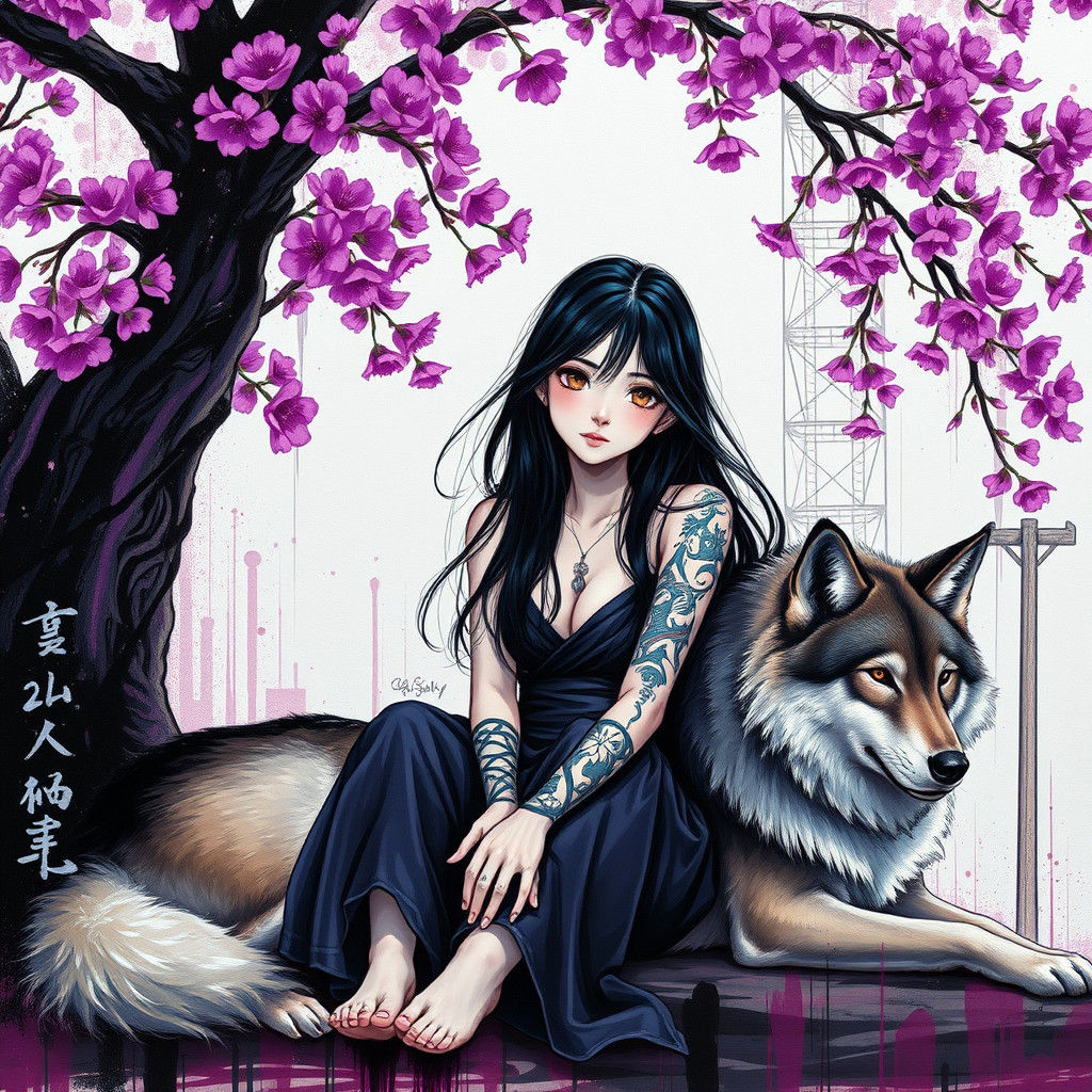 Japanese Girl with Wolf under Plum Blossom Tree