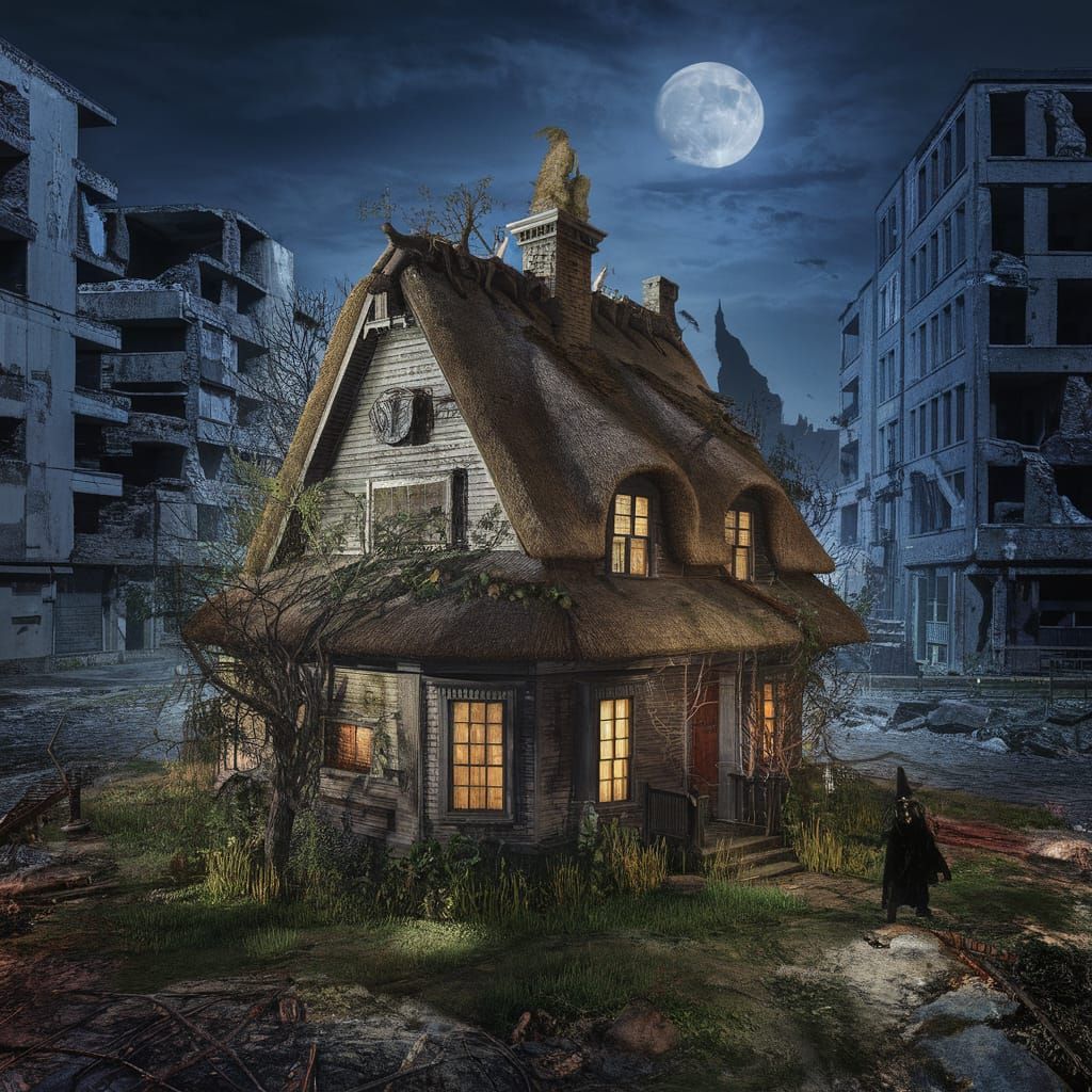 Post-Apocalyptic Haunted House Under Moonlight