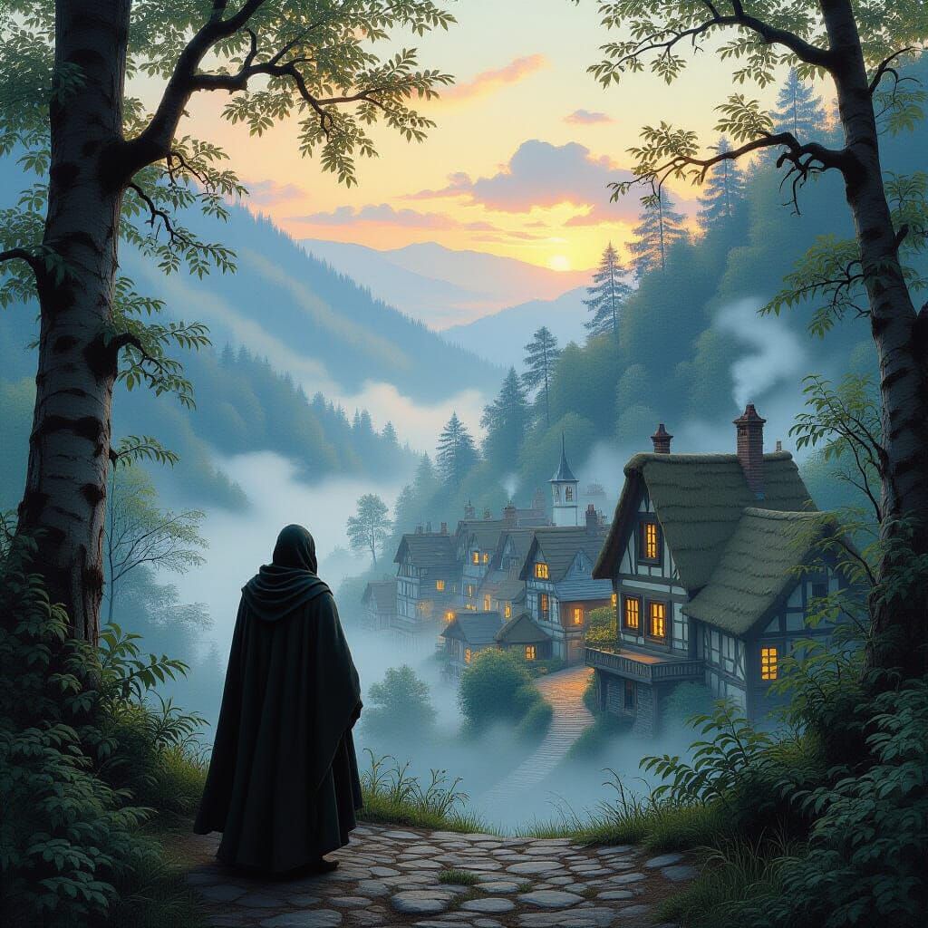 Village in Twilight, Art Nouveau Style