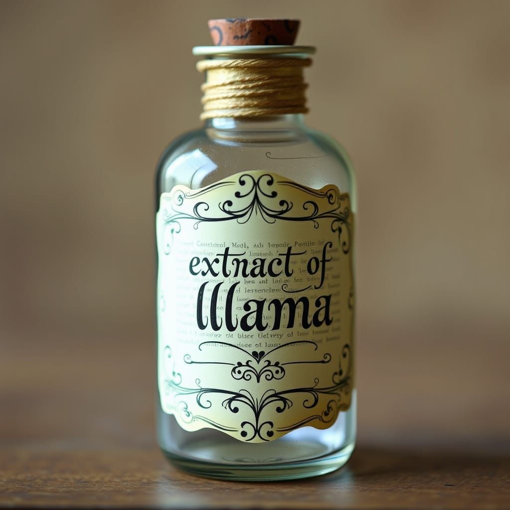 Whimsical Potion Bottle with Llama Extract Label