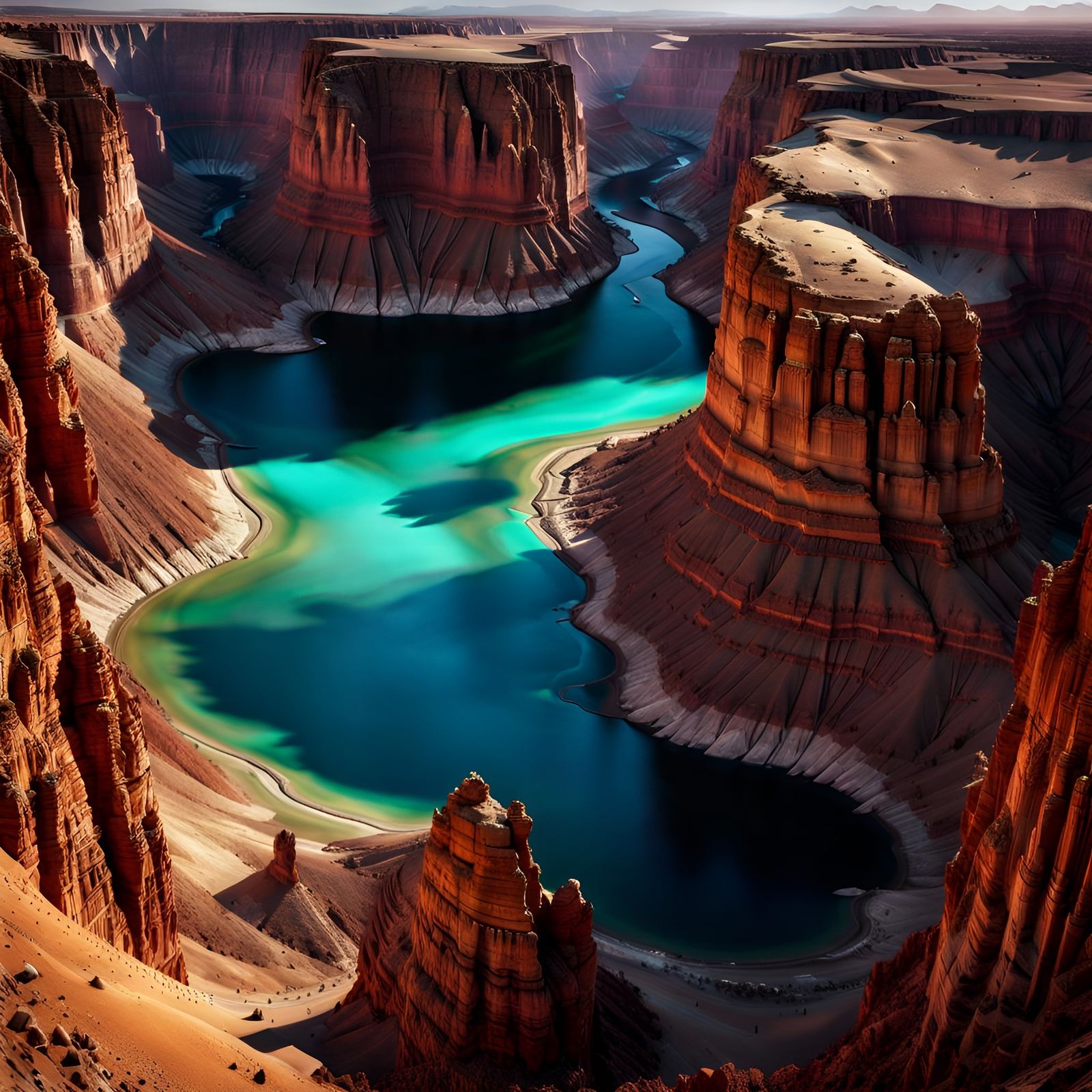 Surreal Iridescent Desert Canyon with Shimmering Lagoon