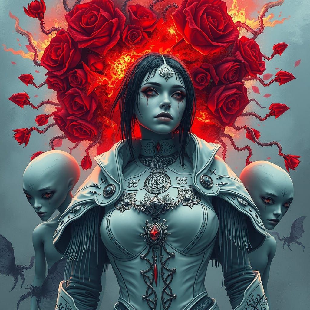 Cryptopunk Woman in White Leather Adorned with Exploding Red...