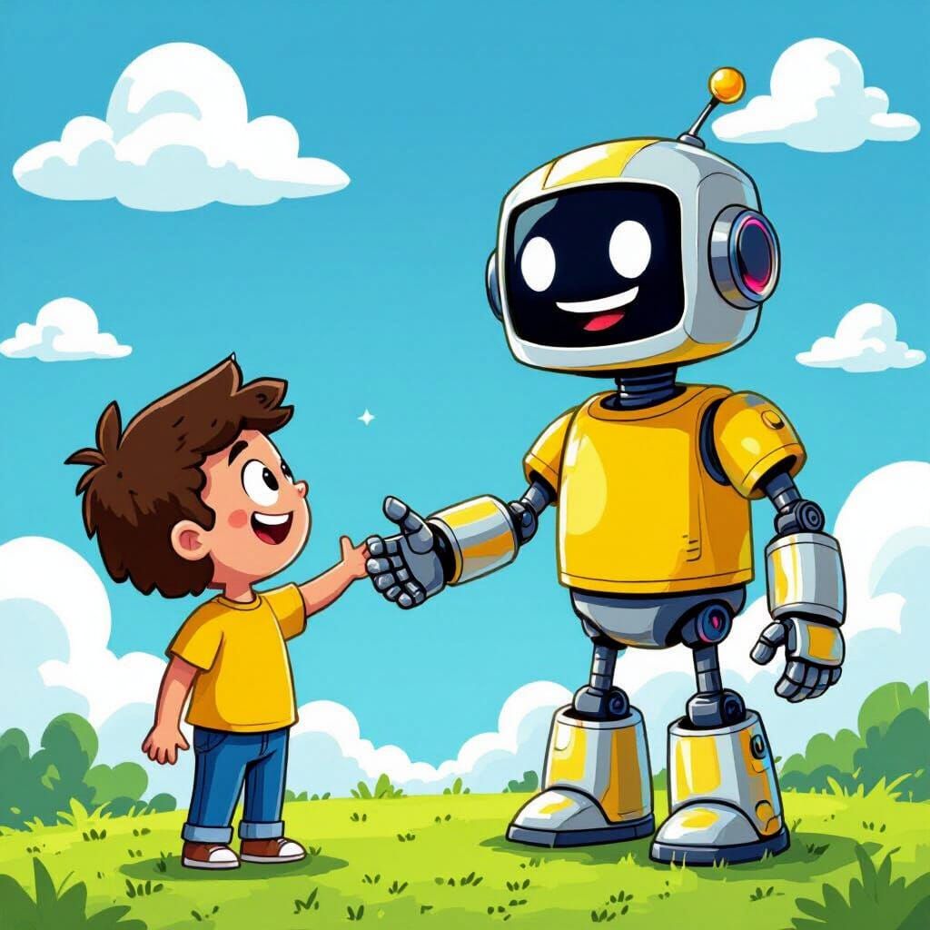 Cheerful Robot Greets Friend with a Big Smile in Cartoon Sty...
