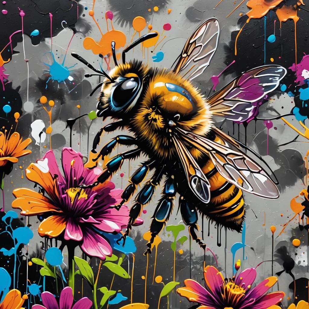 Bee Collecting Nectar in Vibrant Street Art Style