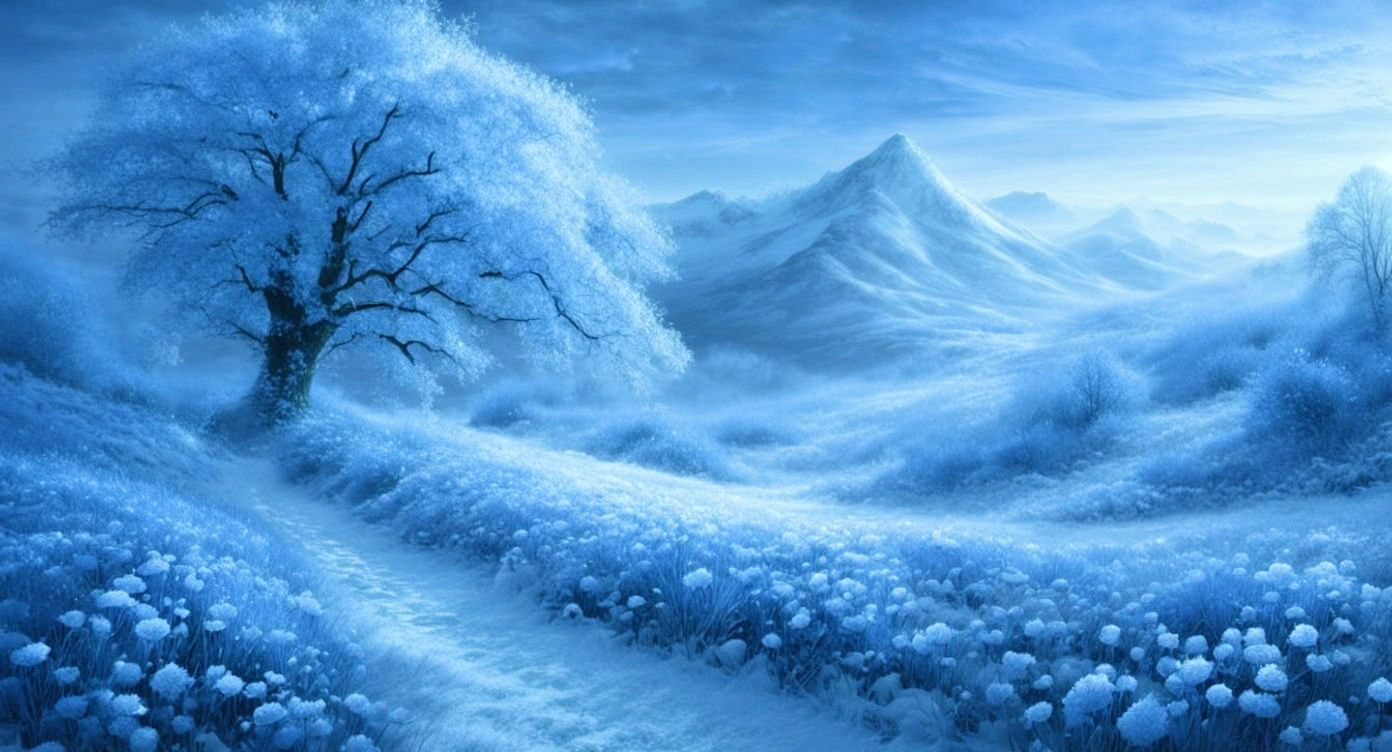 Magical Winter Landscape with Frost Flowers and Aurora