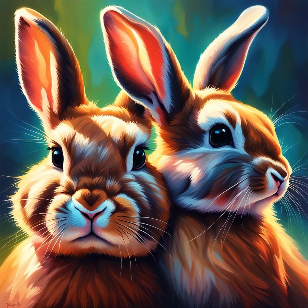 Baby and Mother Bunnies: Vibrant Digital Art