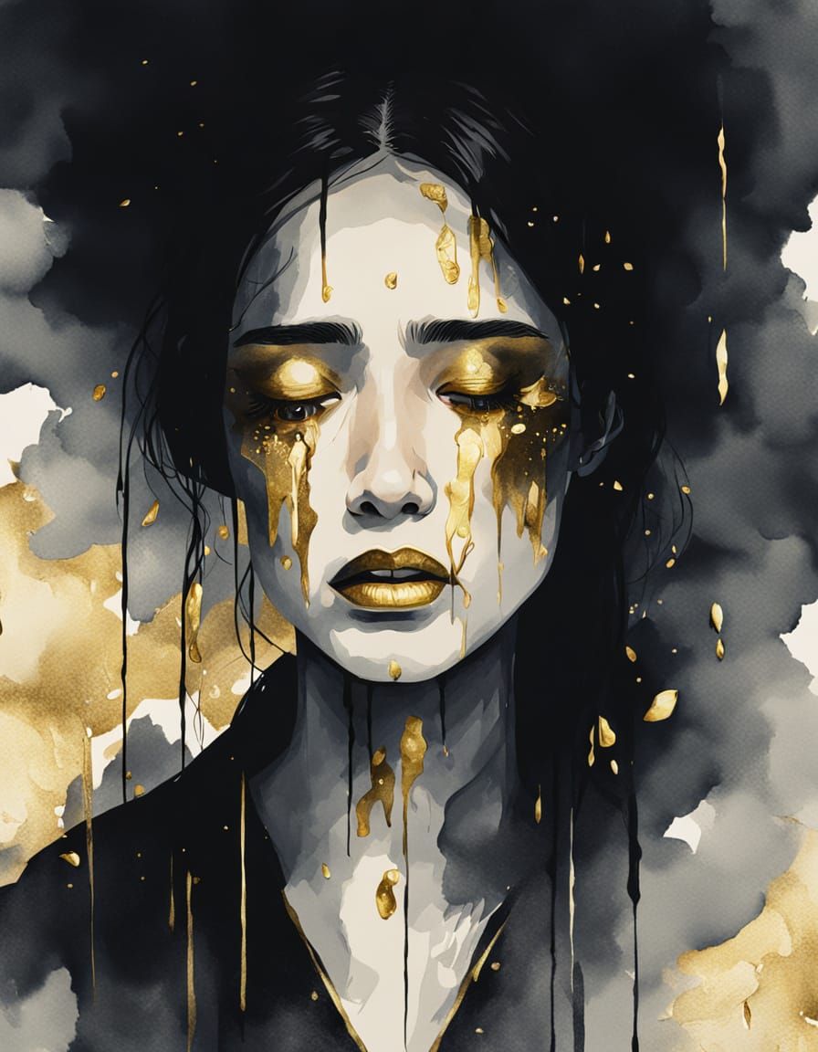 Woman Crying Tears of Gold in Watercolor Style