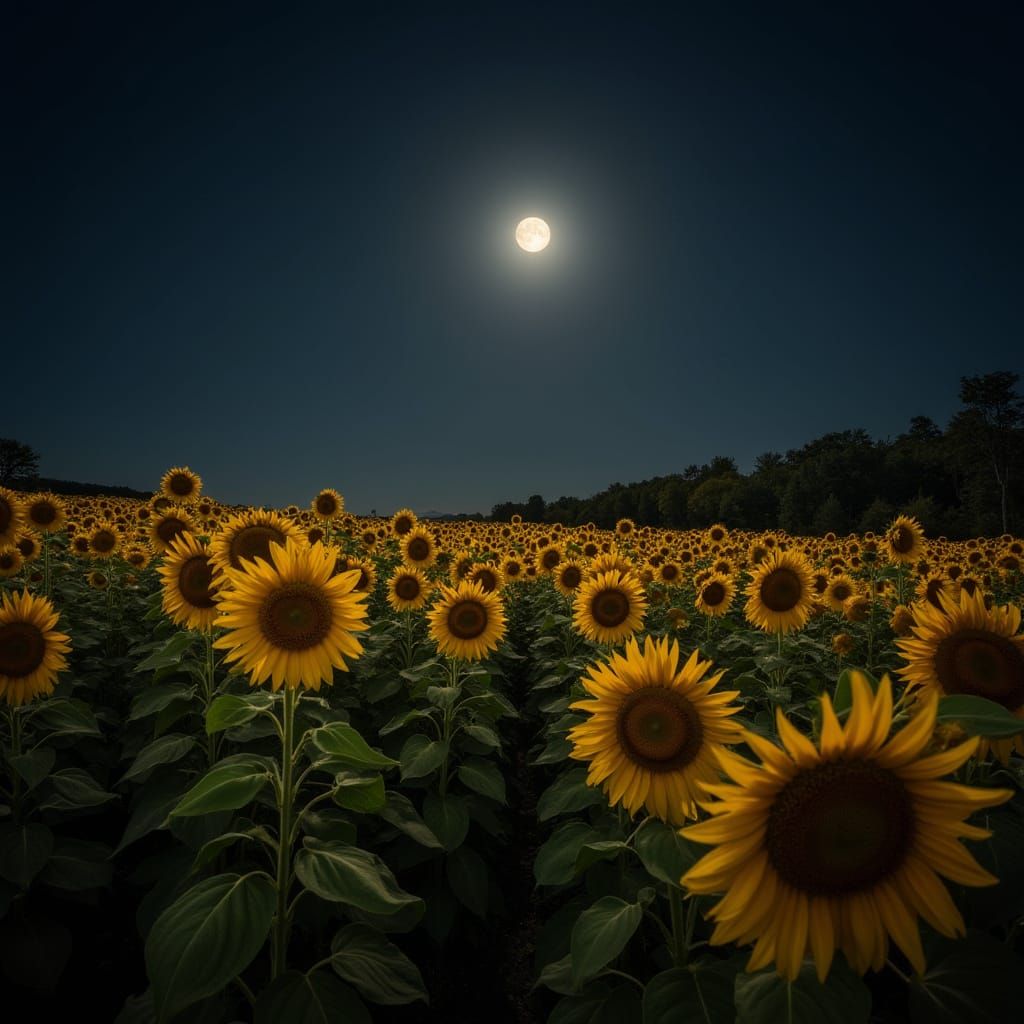 Moonlit Sunflower Field at Night