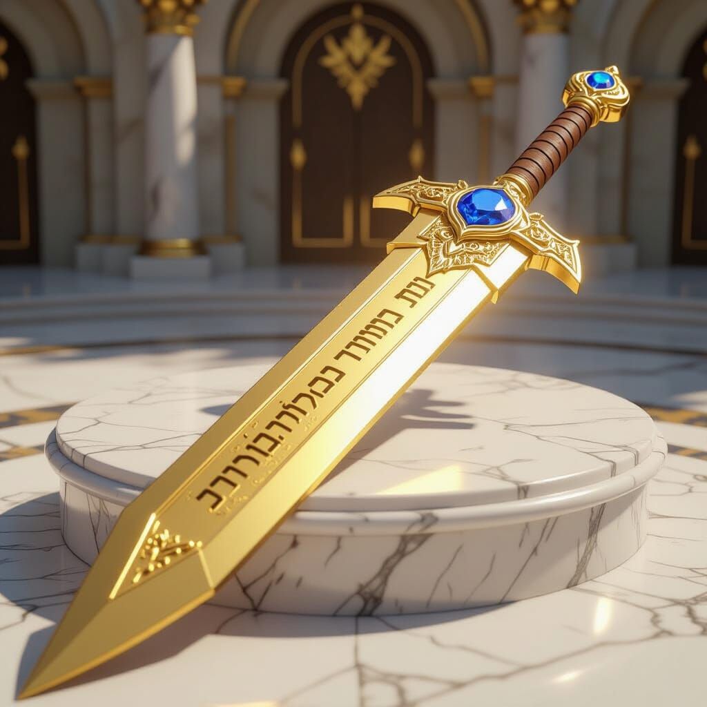 Gold Sword with Hebrew Inscriptions in 3D Anime Style