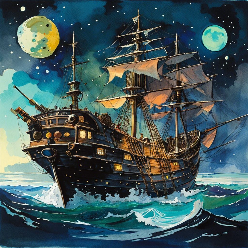 Beautiful Space Pirate Ship in Watercolor