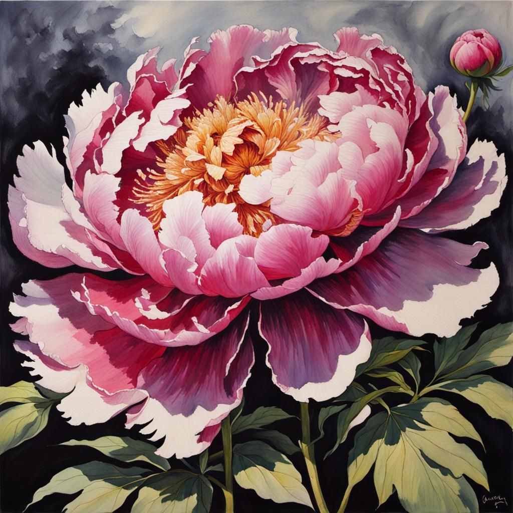 Peony in Sumi-e Ink Wash Style, Oil Painting