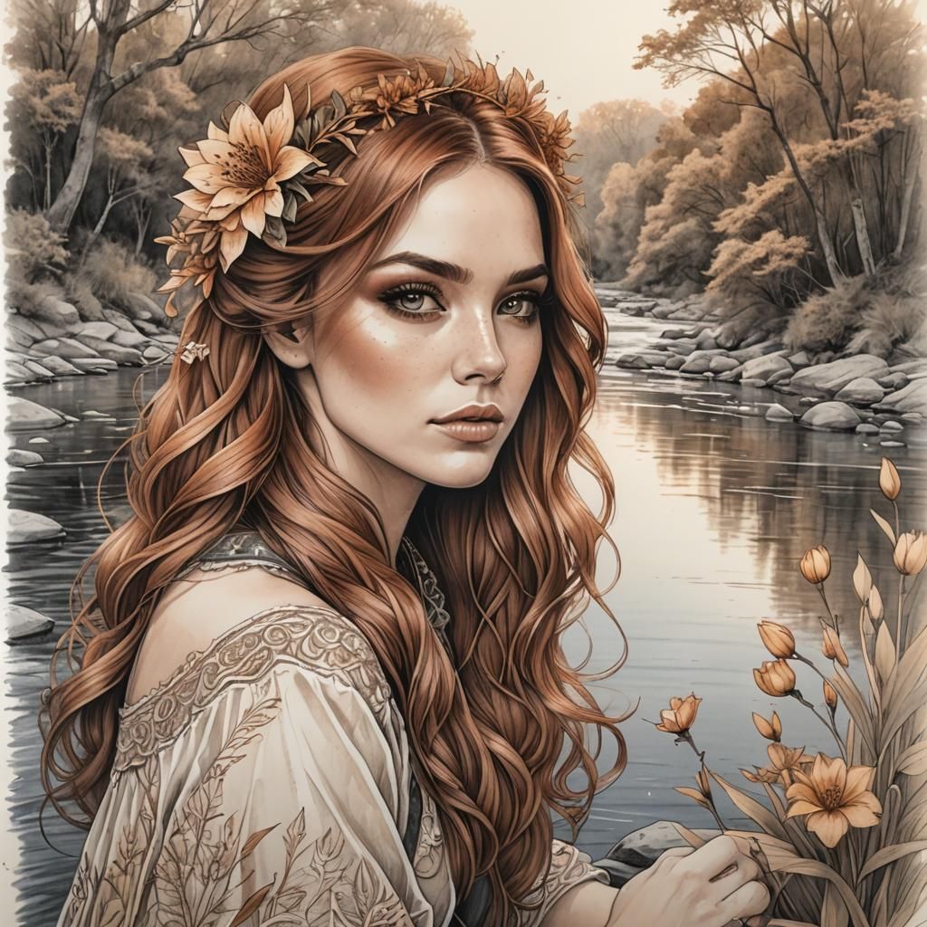 Detailed Pencil Sketch of Woman by River