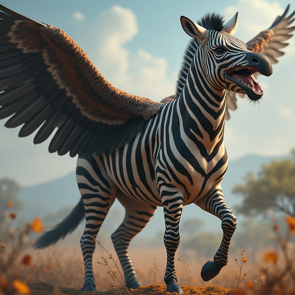Mystical Zebra Hippogriff in Vibrant Fantasy Landscapes