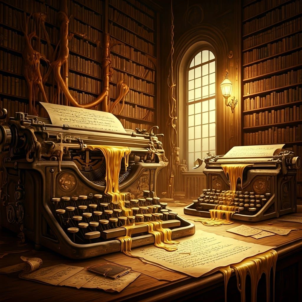 Melting Typewriters in Steampunk Library Illustration