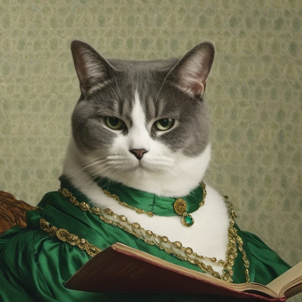 Baroque Queen Reading a Book in Green Dress Portrait