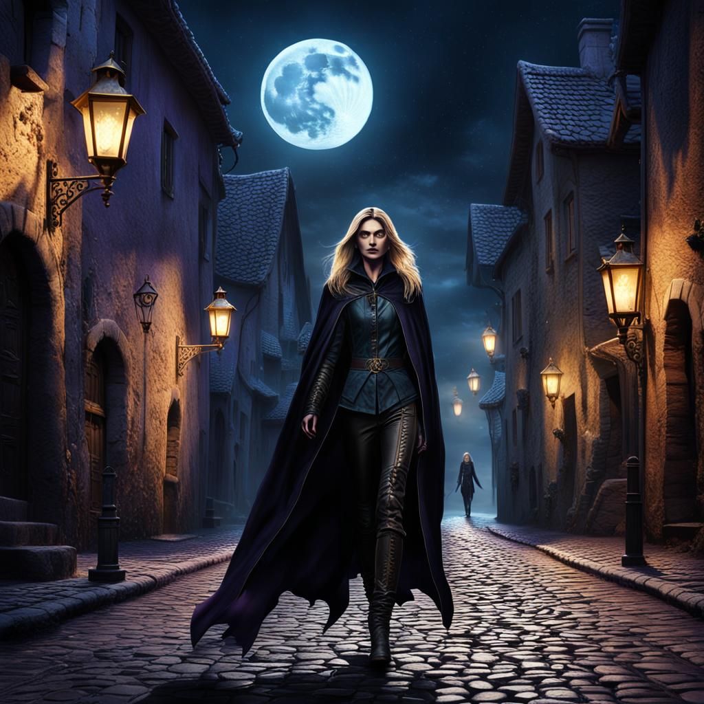 Dark Fantasy Woman Walks Under Moonlight: Matte Painting