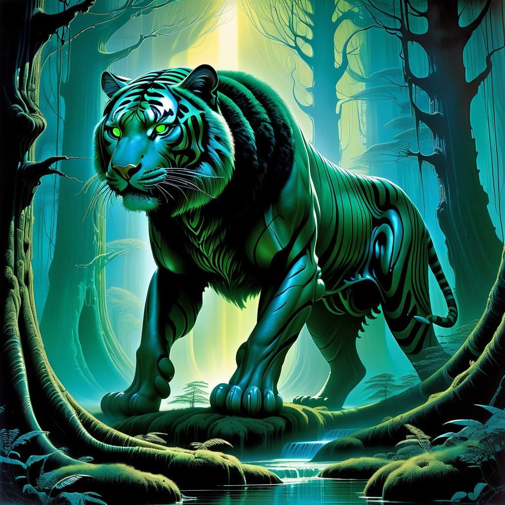 Majestic Emerald Tiger Reigns in Dark Forest Realm