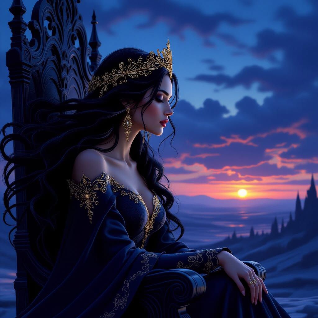 Regal Melancholy Woman on Obsidian Throne