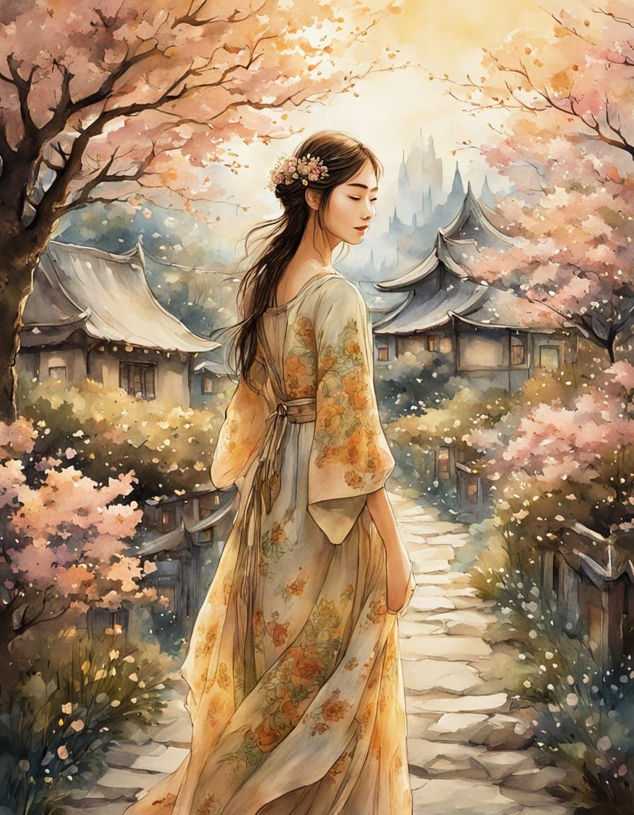 Enchanted Woman Portrait in Dreamy Watercolor Style