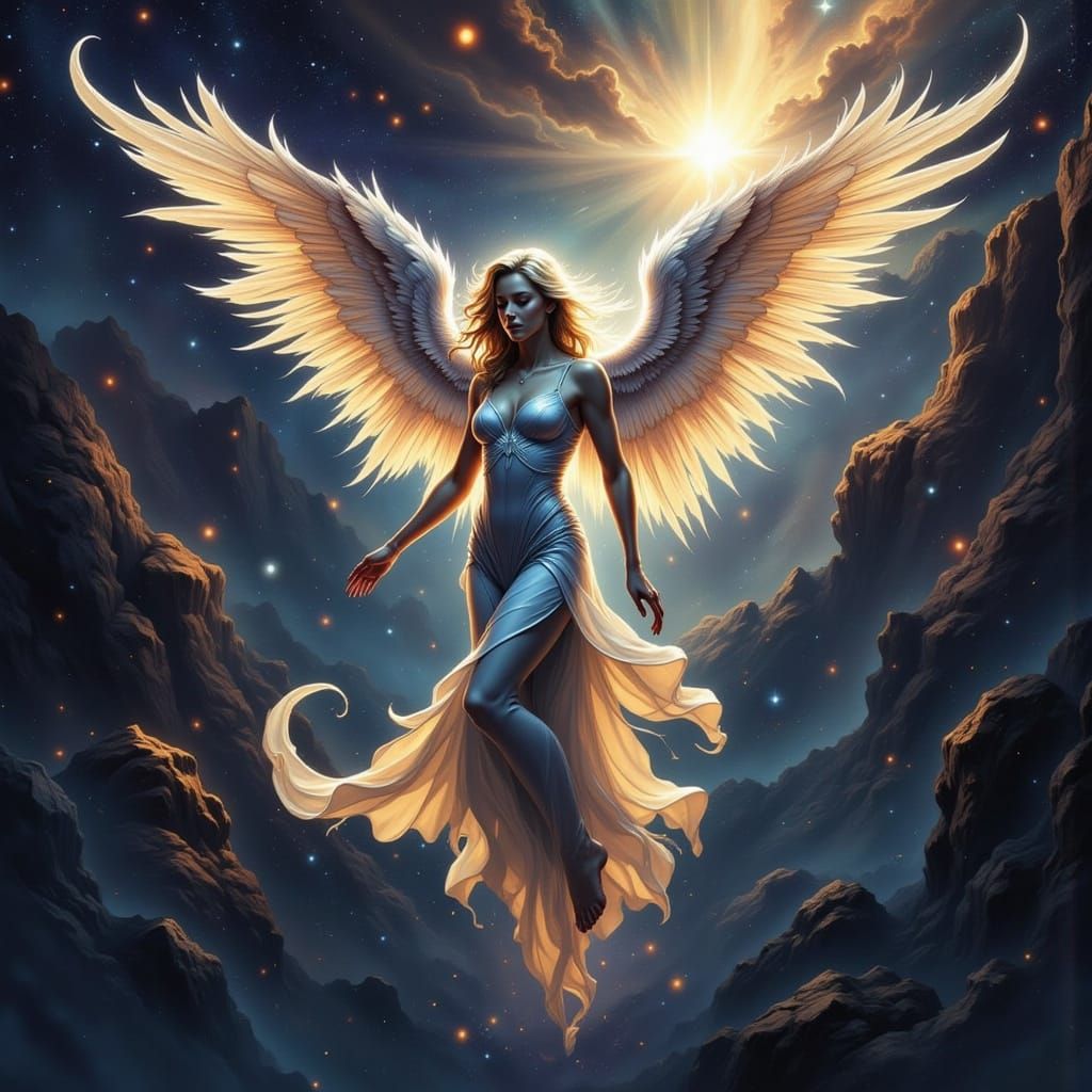 Outer space angel in liminal space made of stardust and dark...