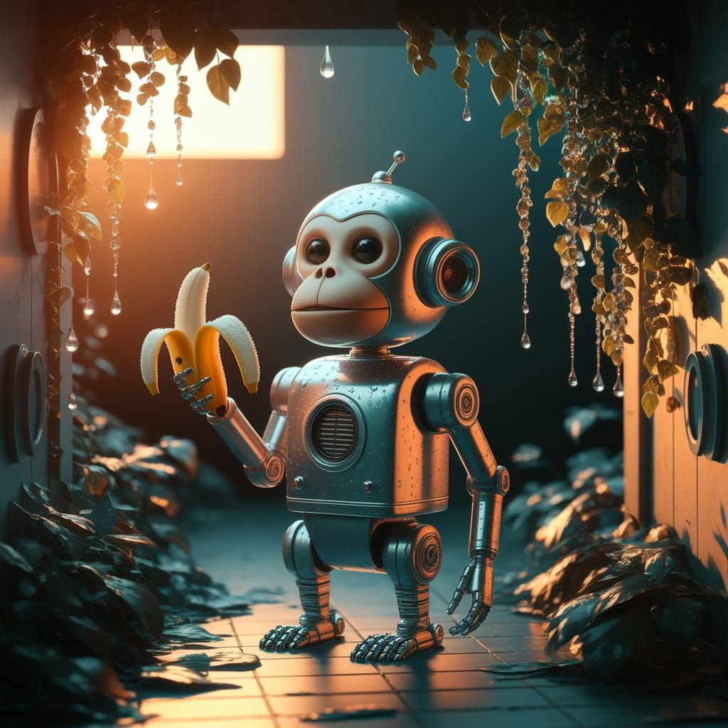 Surreal Monkey Robot Holds Banana in Tropical Setting