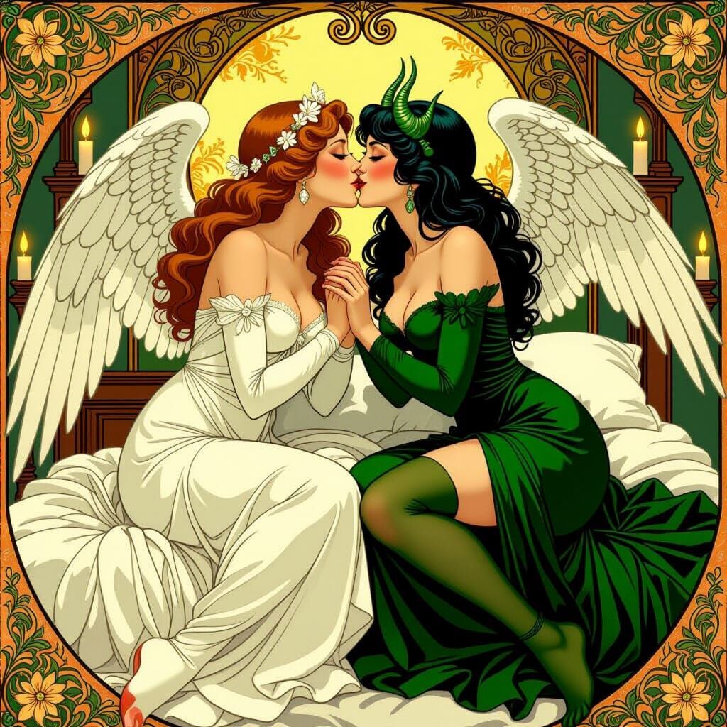 Angelic and Demonic Women Kissing in Art Nouveau Style
