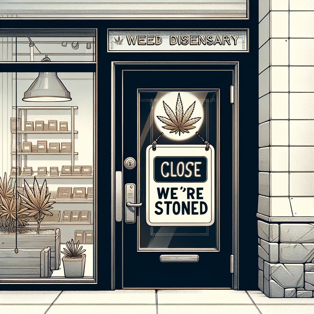 Weed Dispensary Storefront with Playful 'Closed' Sign