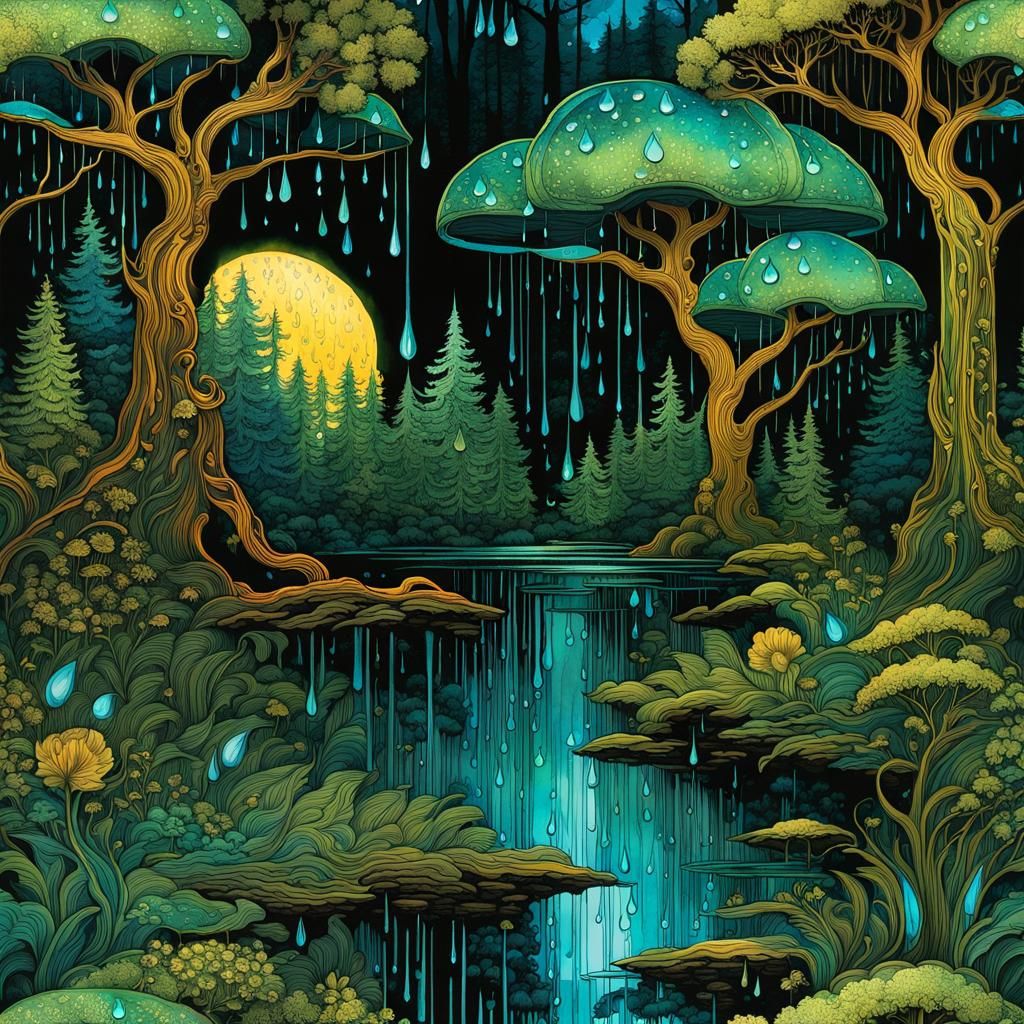 Rainy Forest: Art Nouveau Ink Drawing with Bioluminescence