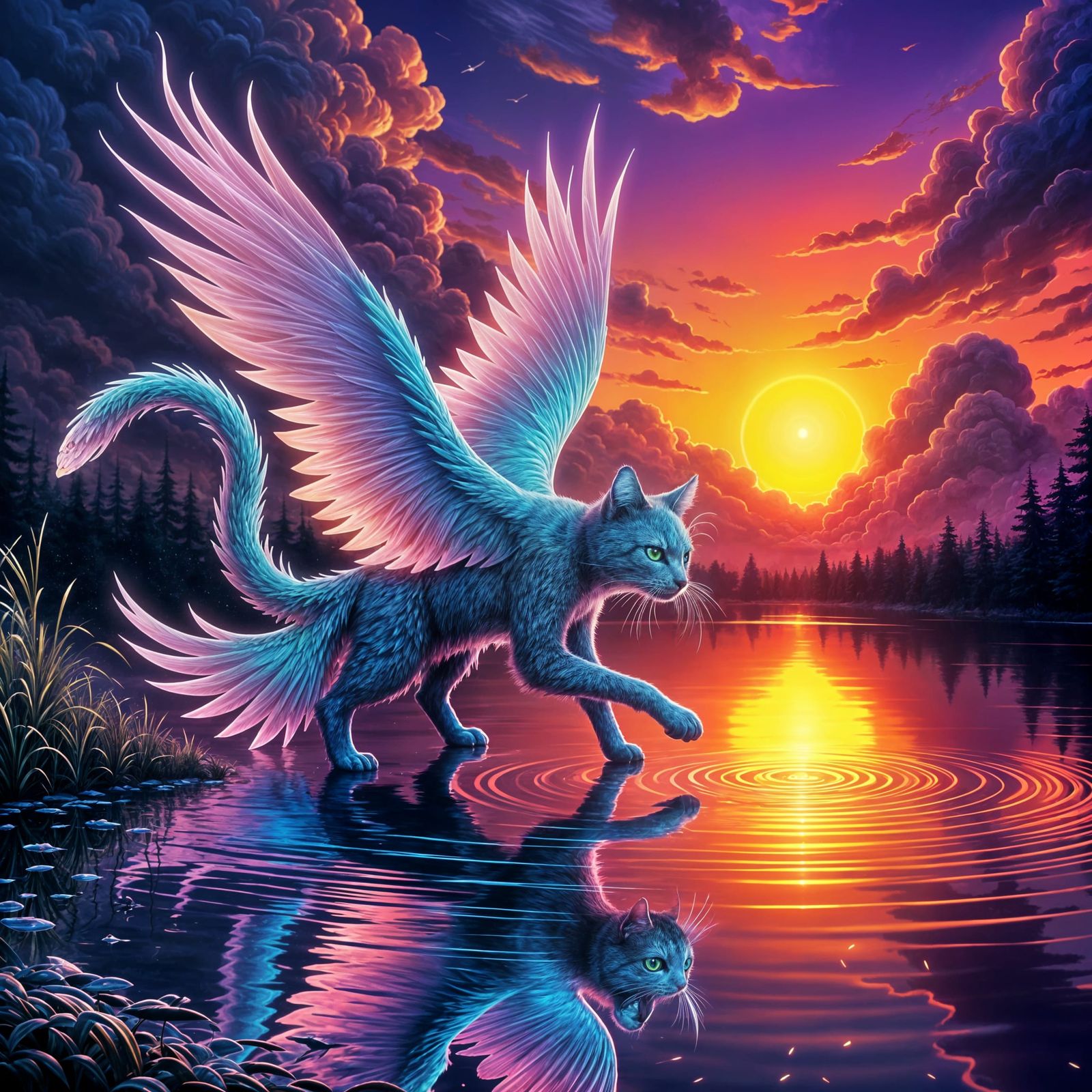 Neon Catbird Waits for Fish in Cosmic Sunset