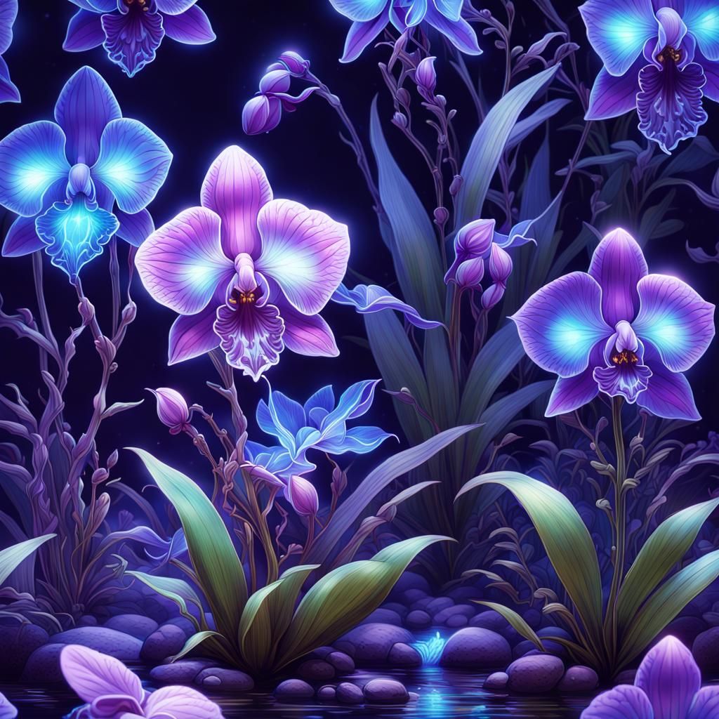 Bioluminescent Orchids in a Magical Nightscape